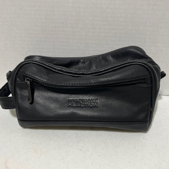 Black Faux Leather Kenneth Cole Reaction Men's Toiletry Zip Bag 9"x4"x4.5" - Picture 1 of 15